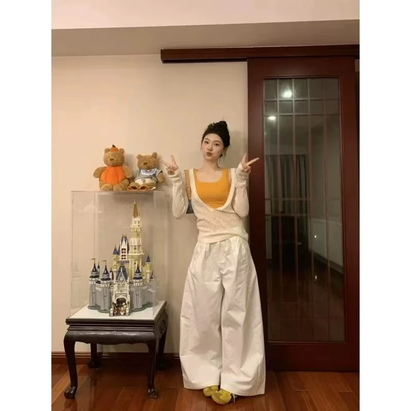 2025夏季新款韩系肌理感V领正肩透气长袖T恤罩衫橘色背心阔腿裤