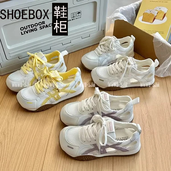 新百伦集团鞋柜网面镂空大头德训鞋女2025夏季小白鞋厚底运动鞋女