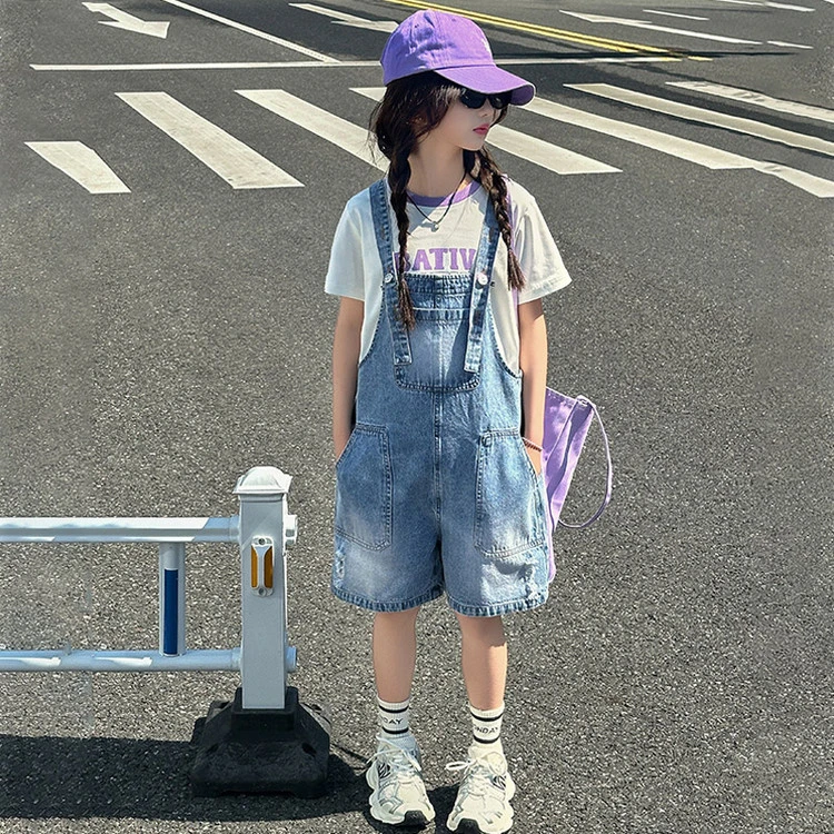 女童牛仔背带裤夏季洋气套装2025新款儿童时髦女大童夏装短袖T恤