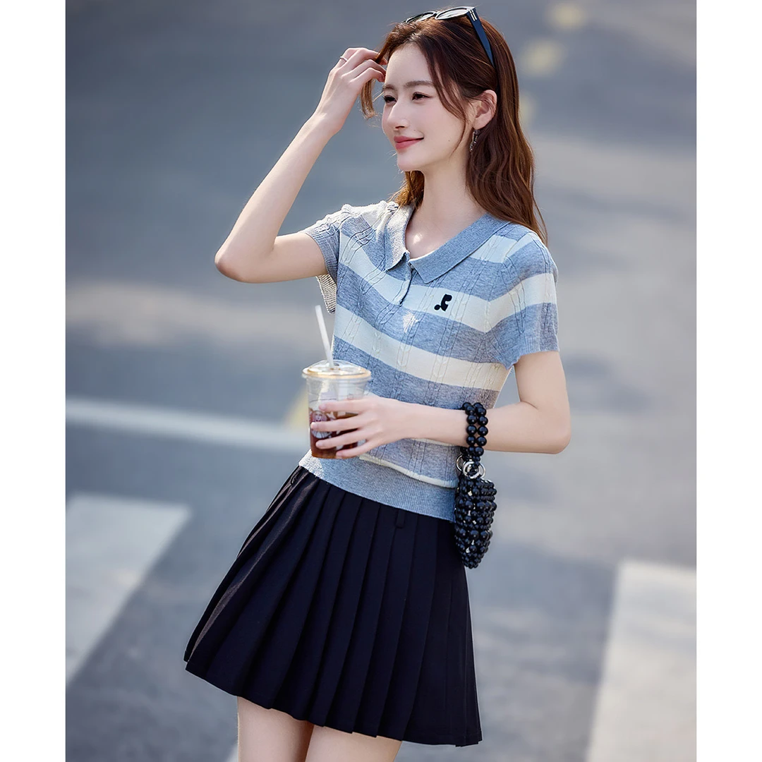 尚静温柔甜美polo领短袖针织衫2025夏季新款时尚休闲气质百搭减龄