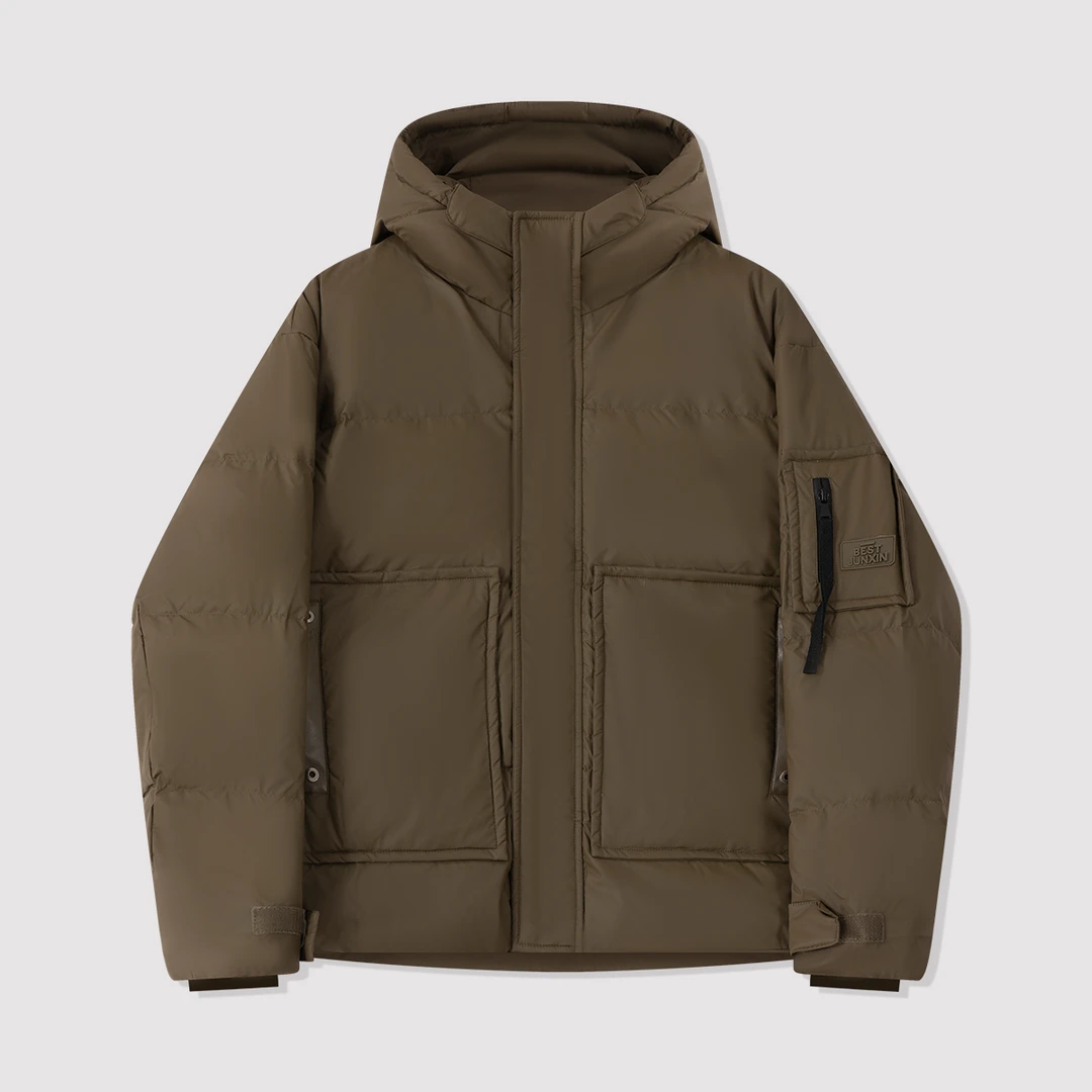 【国标80绒】冬季加厚保暖工装大口袋连帽皮面羽绒服H-905