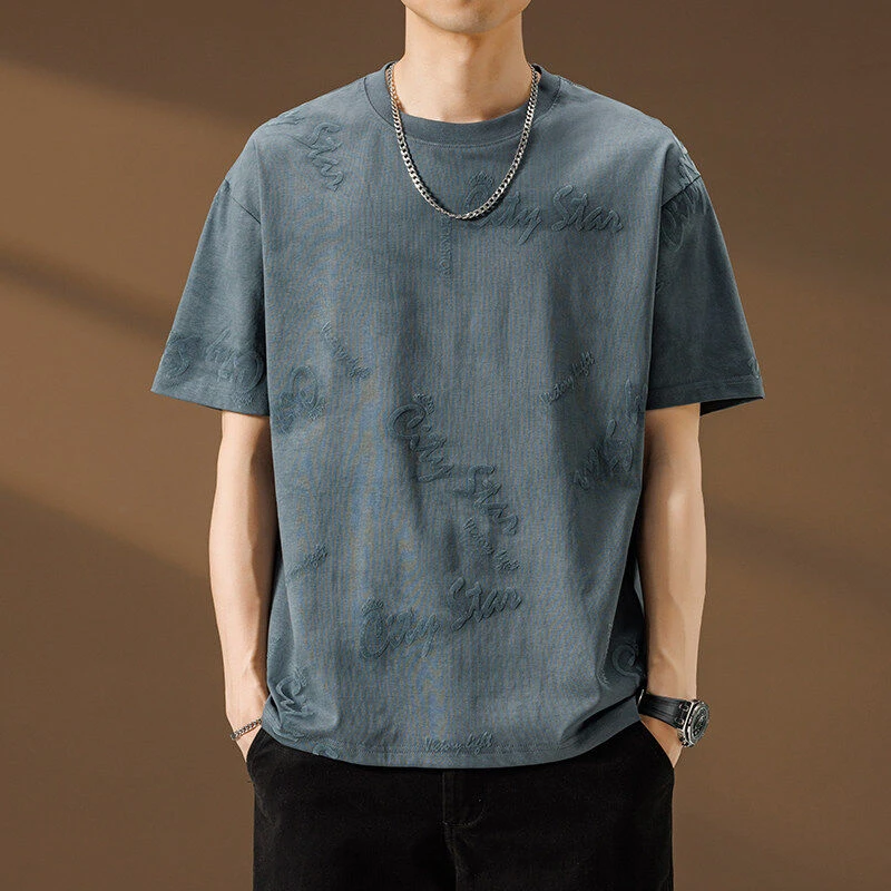 夏季男式青年棉质短袖T恤圆领宽松潮流扎染做旧立体半截袖93000