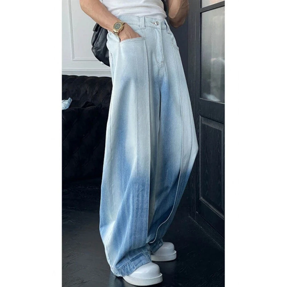 冰川蓝渐变弯刀牛仔裤男夏季薄款解构设计阔腿裤子显瘦微喇直筒裤