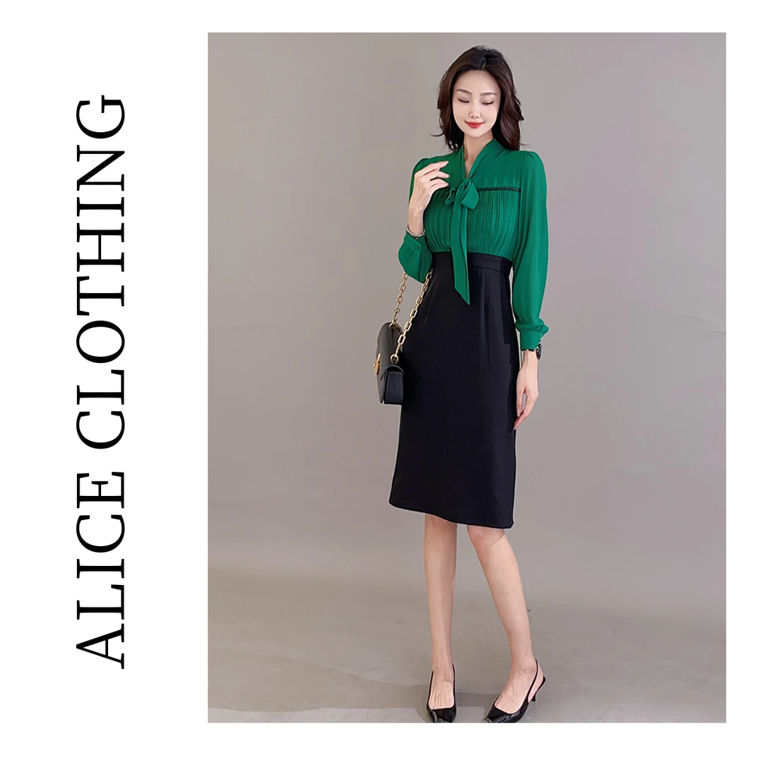alicelulu 2023 绿意阑珊气质优雅褶皱连衣裙 S2133663W