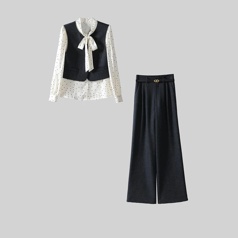 【三件套】法式时尚套装波点系带衬衣休闲风马甲阔腿裤三件套TX0089