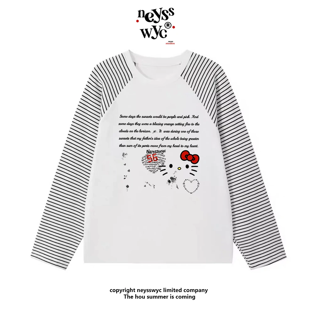 NEYSSWYC 短文K踢！条纹拼接T恤插肩宽松秋季圆领涂鸦卡通休闲长袖
