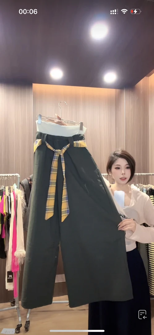 头头女装  拼接双腰头高腰宽松裤美式复古慵懒风拖地裤#08404