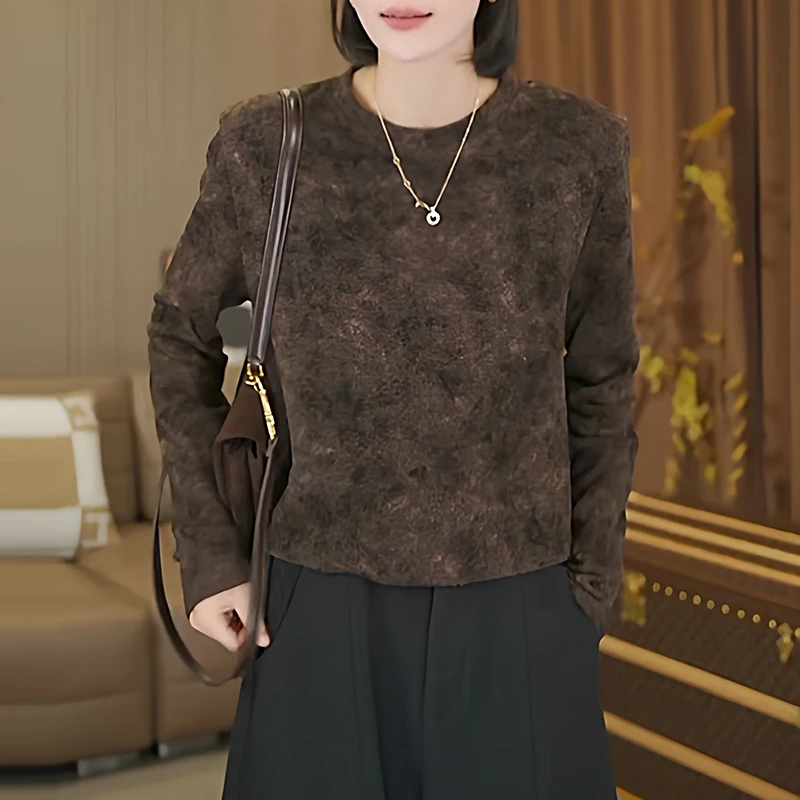 高级感晕染圆领长袖t恤女2025秋季新款小众设计宽松显瘦减龄上衣