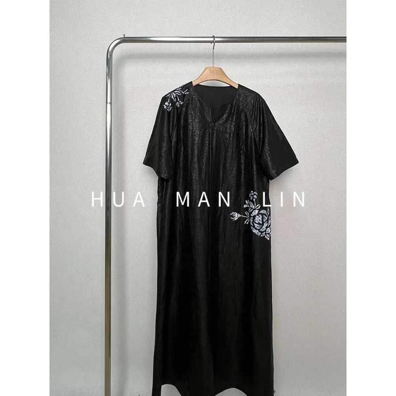 【花满林】圆领包扣手绘花龟裂纹香云纱桑蚕丝盖袖连衣裙77788