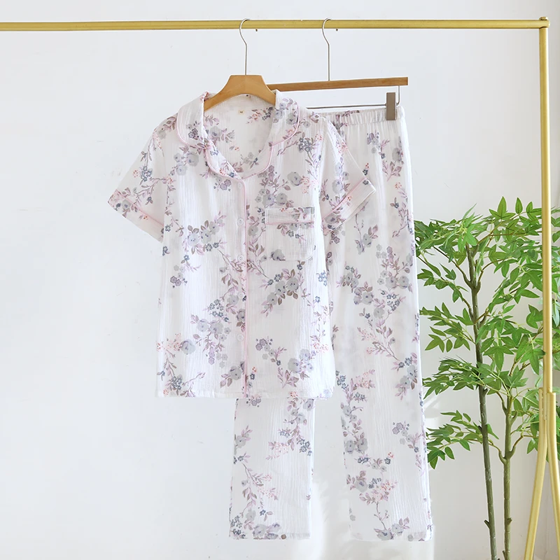 【套装】全棉双层纱布睡衣女士夏季短袖长裤薄款春夏纯棉家居服透气