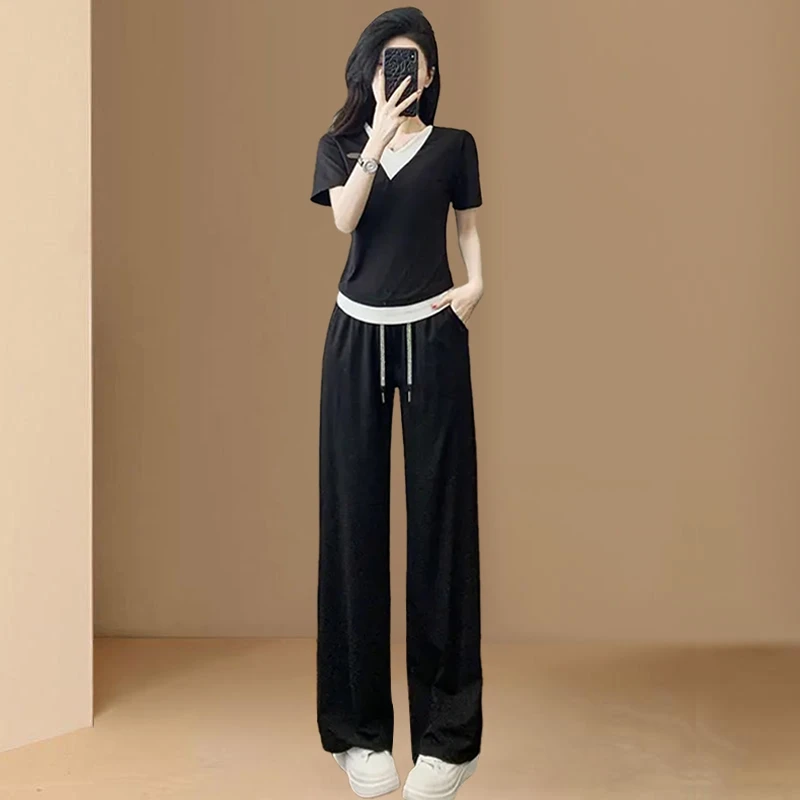 高含棉休闲运动服套装女2025年夏季新款减龄短袖t恤阔腿裤两件套