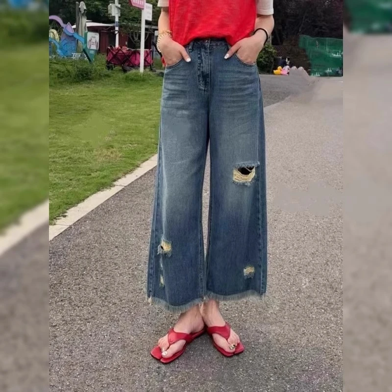 复古破洞牛仔裤女夏季薄款大码胖mm小个子宽松显瘦直筒九分阔腿裤