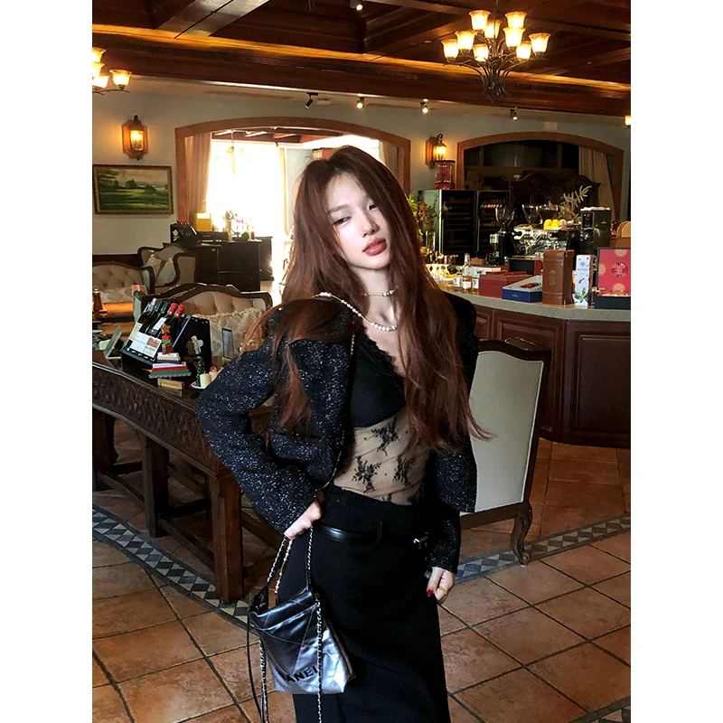 【12YE】纯欲风高级感正肩显瘦小香风短款长袖外套搭配蕾丝背心