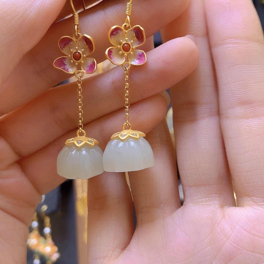 和田玉银S925镀金镶嵌耳饰