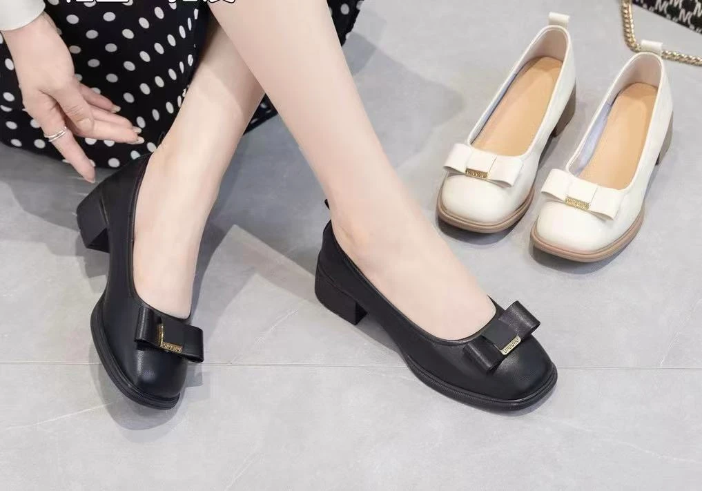 粗跟低高跟鞋单鞋黑色方头软面舒适不累脚高跟鞋3593