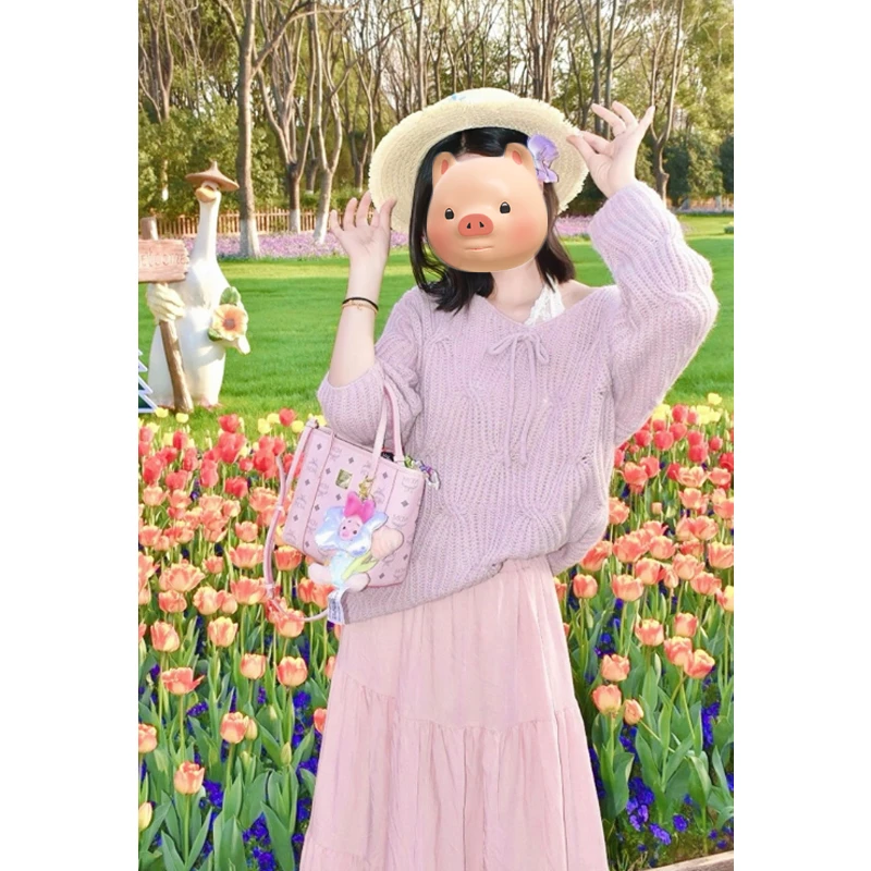 韩系早秋氛围感穿搭粉色V领系带绞花毛衣女秋冬慵懒风针织衫上衣