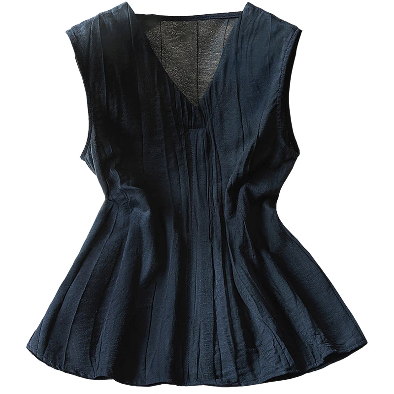 丝柏舍2025亚麻秋新款女装修身显瘦简约无袖套头V领衬衫S52R2145C