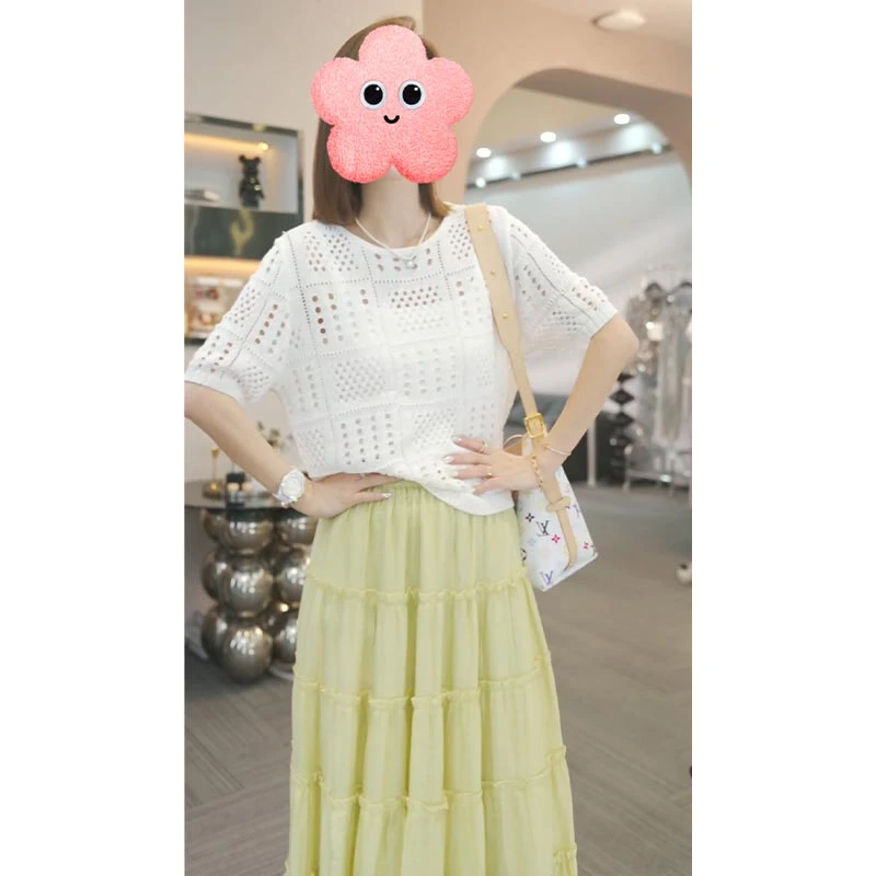 2025年夏新款女装时尚百搭上衣针织衫纯色百搭短袖圆领镂空设计感