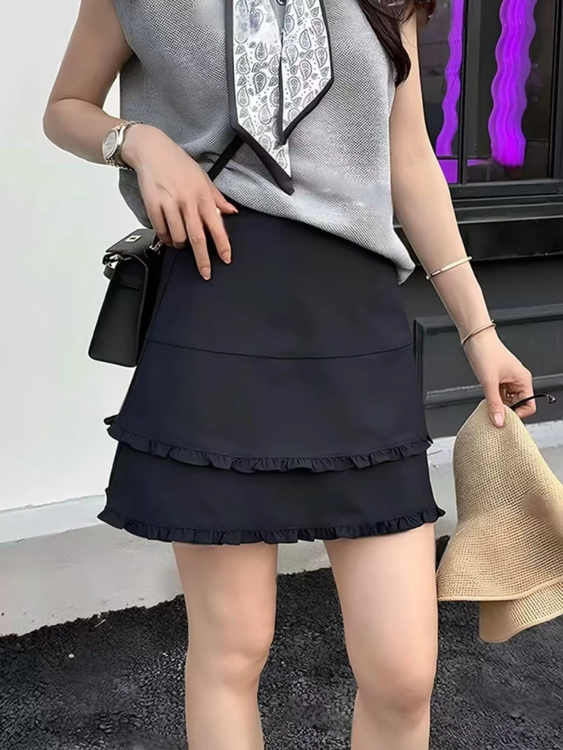 时尚百搭夏季不规则双层木耳边A字裙新款高腰显瘦防走光半身裙女
