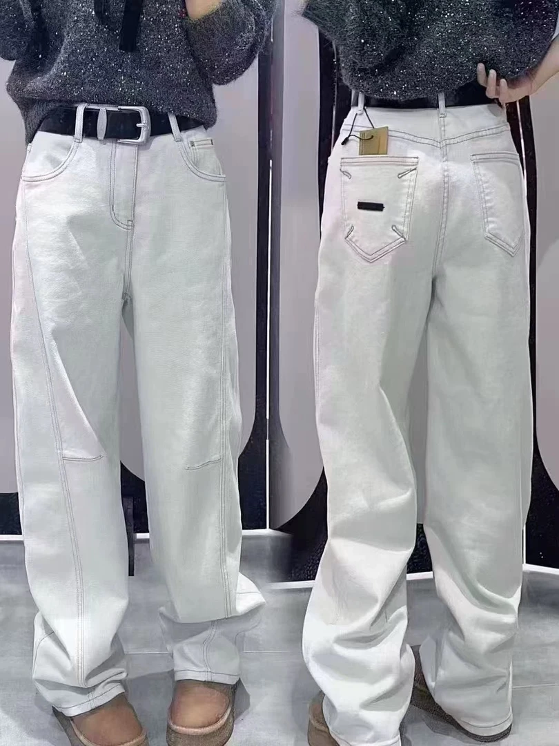 3471-灰白色弯刀牛仔裤女2025春夏新款流行弯刀裤直筒宽松显瘦