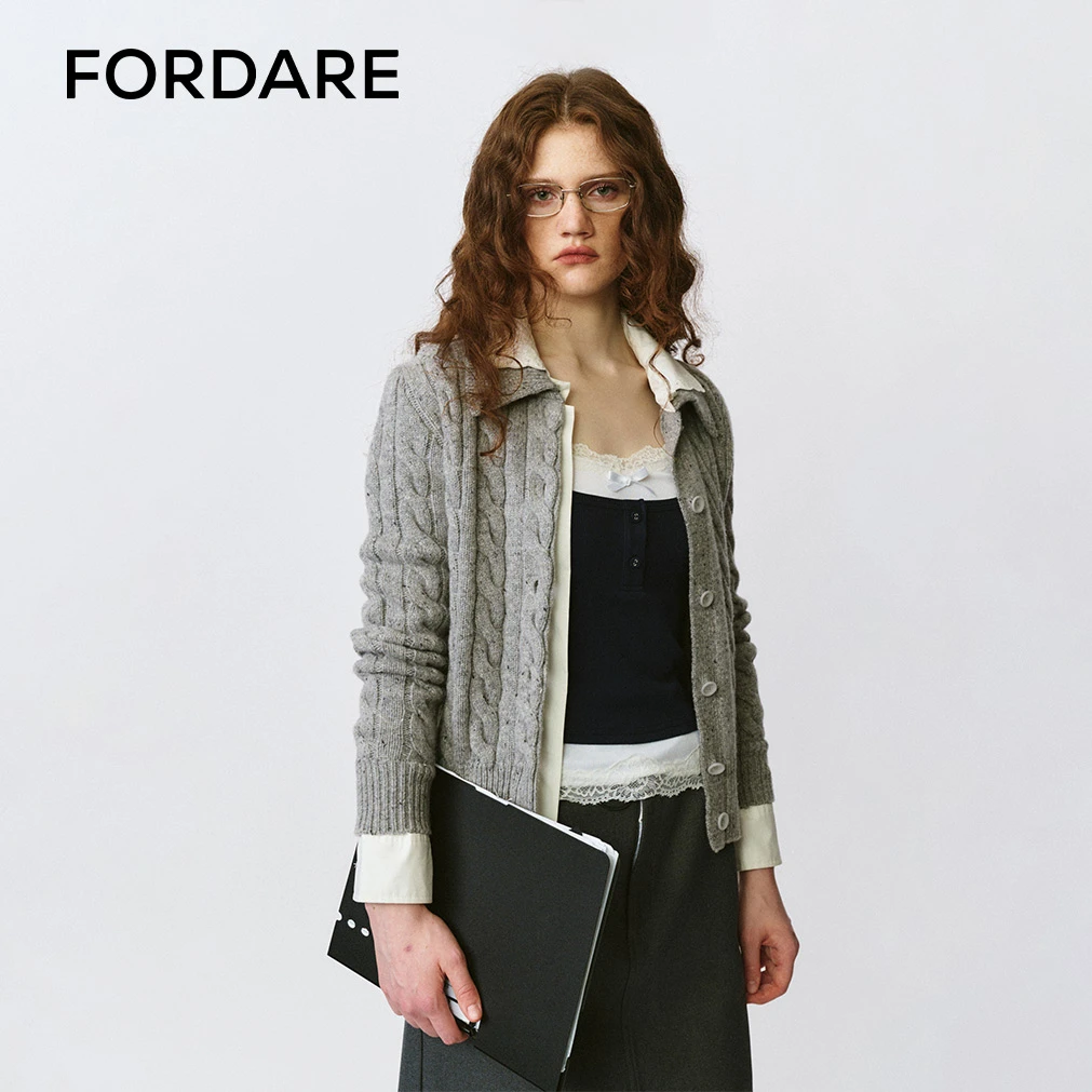 FORDARE/福蝶 25秋冬新品 假两件叠穿绞花镂空衬衫领针织开衫1535