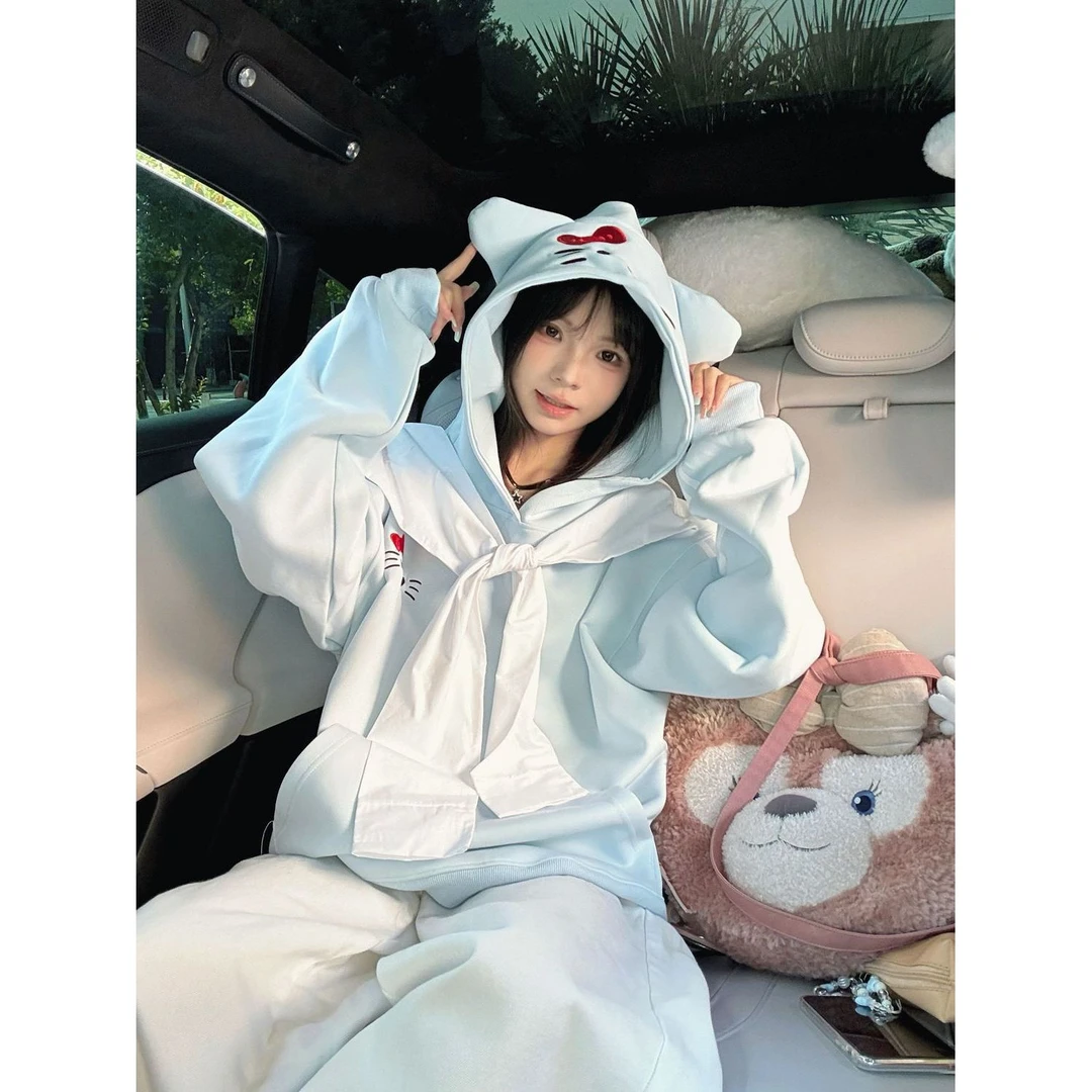 黎帮主 甜美可爱小猫刺绣连帽卫衣女2025秋季新款披肩设计感帽衫