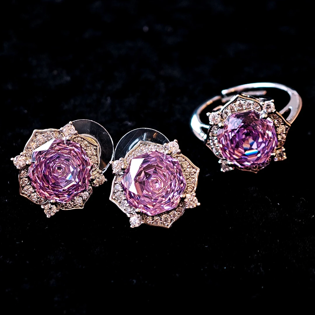 铜合金锆石耳饰 精致简约立体切割玫瑰花设计耳饰