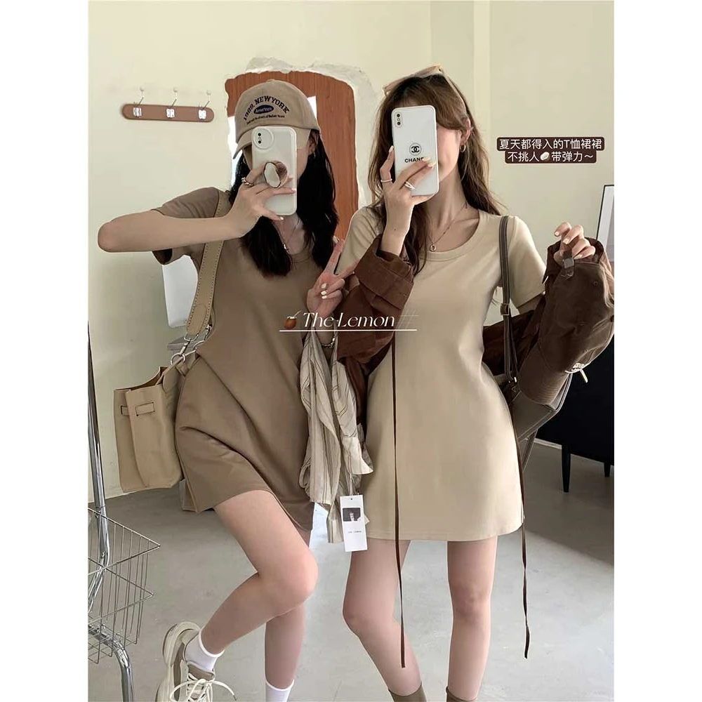 韩系简约修身显瘦T恤连衣裙女2025夏季新品小个子纯色百搭短裙潮