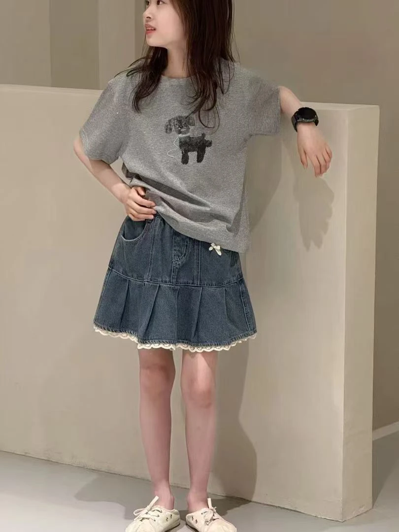 女童短袖T恤+花边牛仔裙