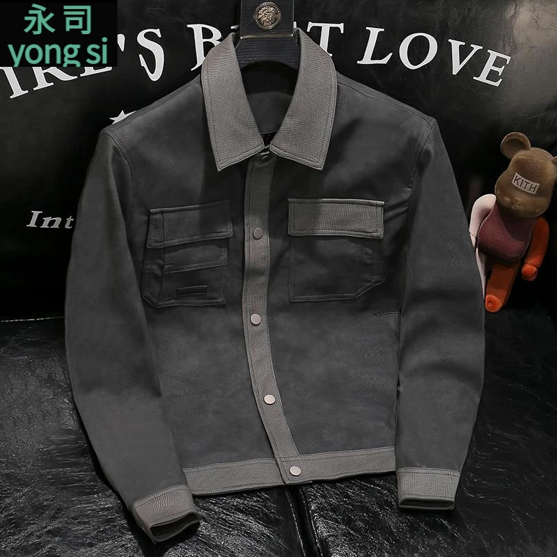 高端男士拼接皮衣春春秋韩版潮流修身翻领夹克休闲时尚百搭外套