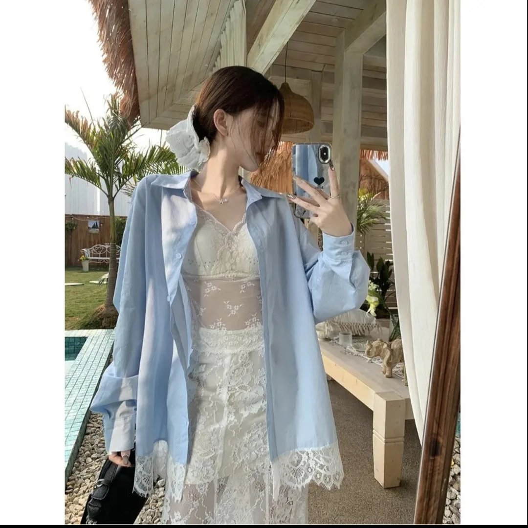 【冰岛慕斯】蕾丝白色衬衫+显瘦长款外穿蕾丝半身裙内搭吊带上衣