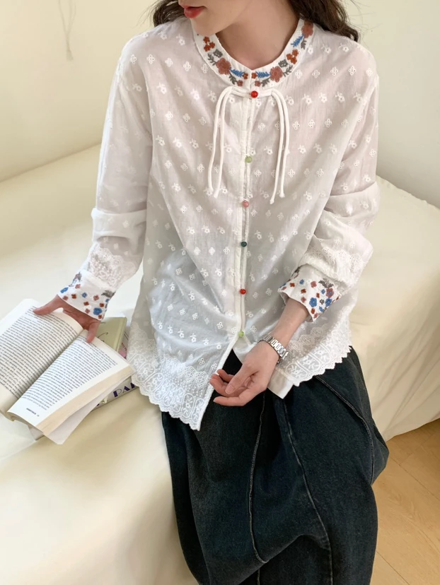 新款中式刺绣衬衣女复古盘扣立领长袖气质上衣镂空半透设计