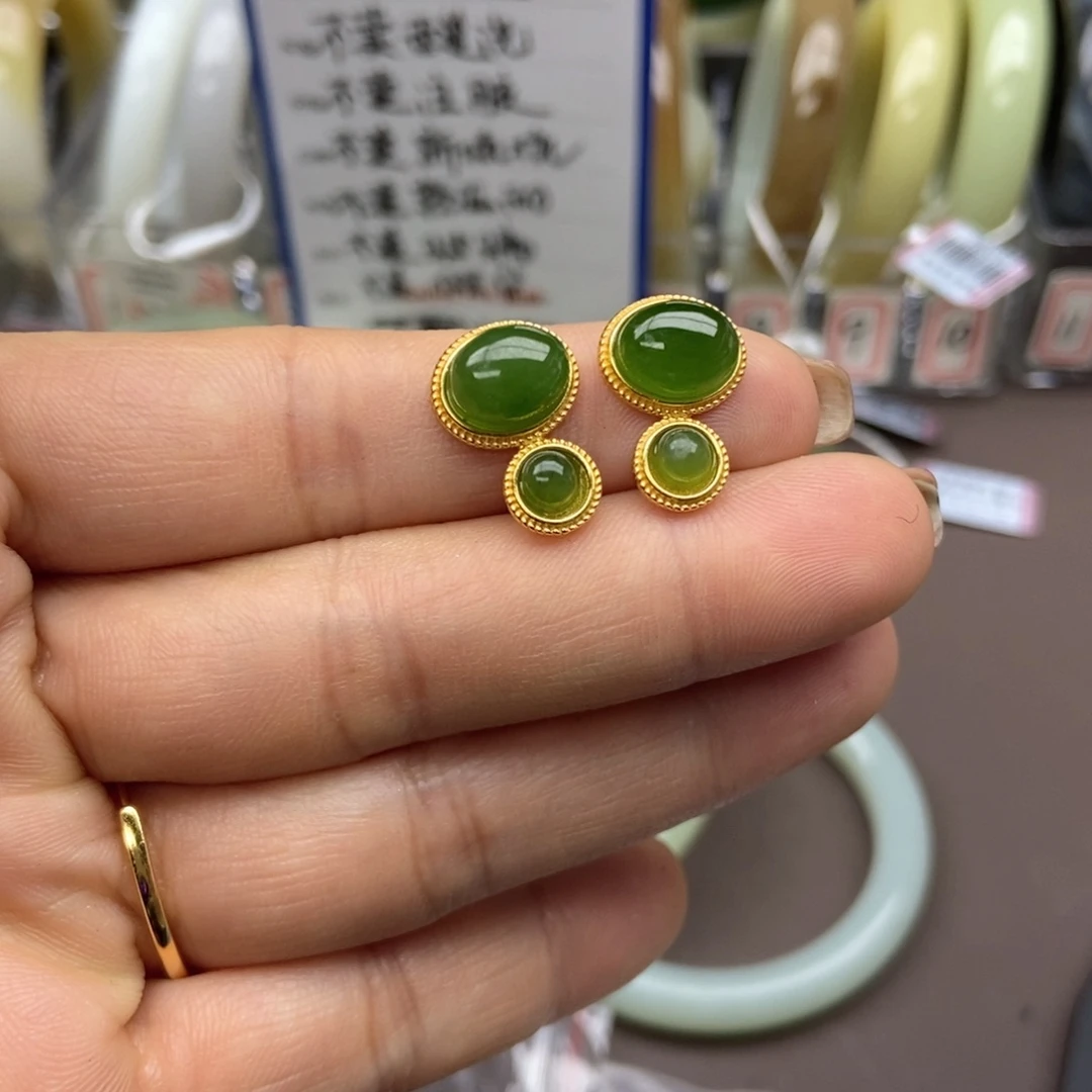 和田玉耳饰银S925镶嵌