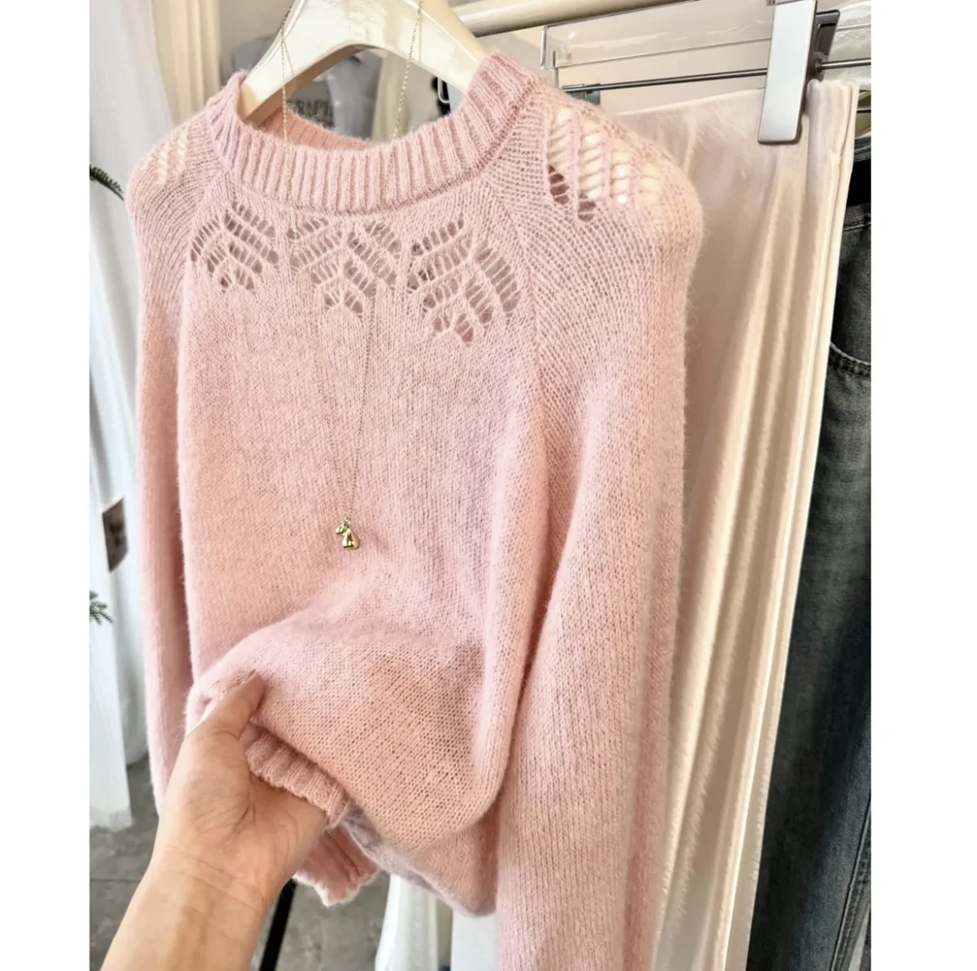温柔气质镂空粉色针织衫2025年春秋新款早春长袖毛针织衫上衣女装
