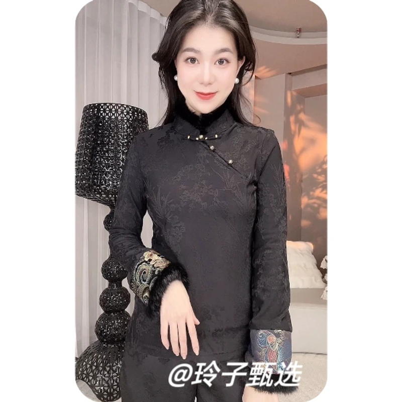 （兔毛话蝶）新中式国风拼接兔毛秋冬新款百搭保暖加绒打底衫女