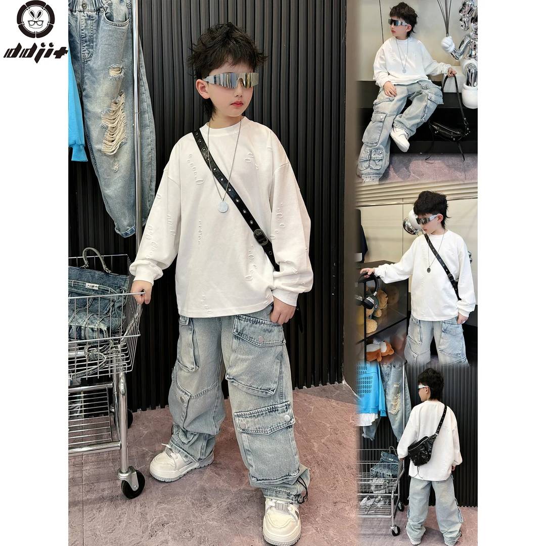 蛋蛋家【小心机】春夏款时尚街头男白色破洞长袖T恤