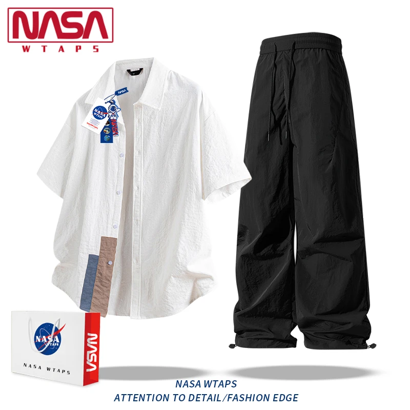 NASA WTAPS冰丝衬衫男士短袖夏季新款休闲衬衣套装搭配帅气一整套