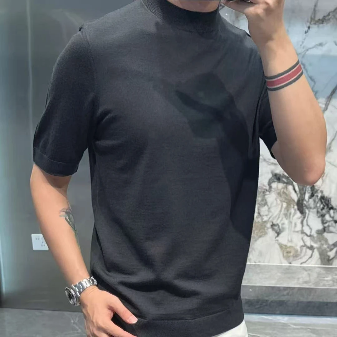新款高端男士百搭潮流简约针织短袖毛衣19113