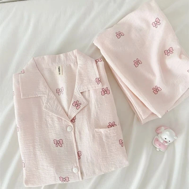 春秋夏睡衣女粉色蝴蝶结长袖套装甜美少女学生宽松休闲ins薄款