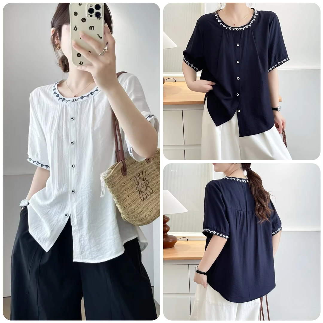 梦冬佳-大码女装夏季民族风刺绣提花撞色显瘦正肩短袖衬衫上衣