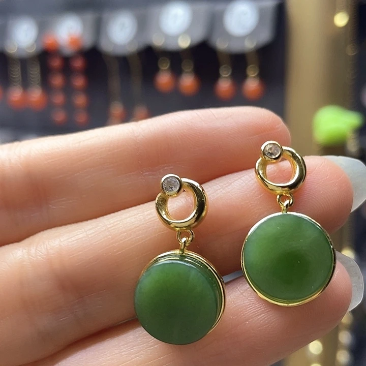 和田玉银S925镶嵌耳饰