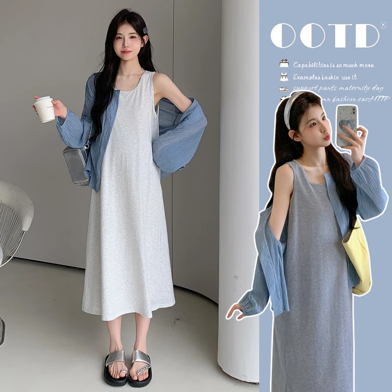 2025孕妇夏季背心裙＋复古格子防晒衬衫孕妇套装显瘦宽松