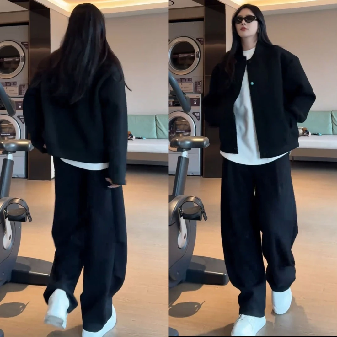 2025秋季新款男士休闲套装时尚百搭长袖卫衣宽松外套男装高街纯色