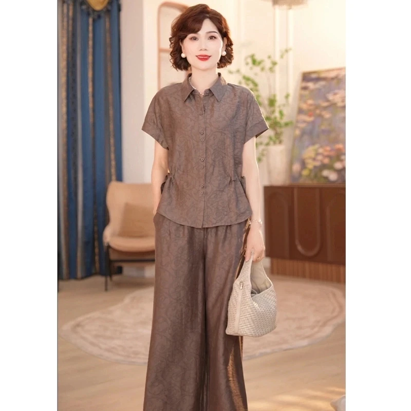 洋气妈妈夏装上下套装2025新款洋气中老年女装上衣阔腿裤子两件套