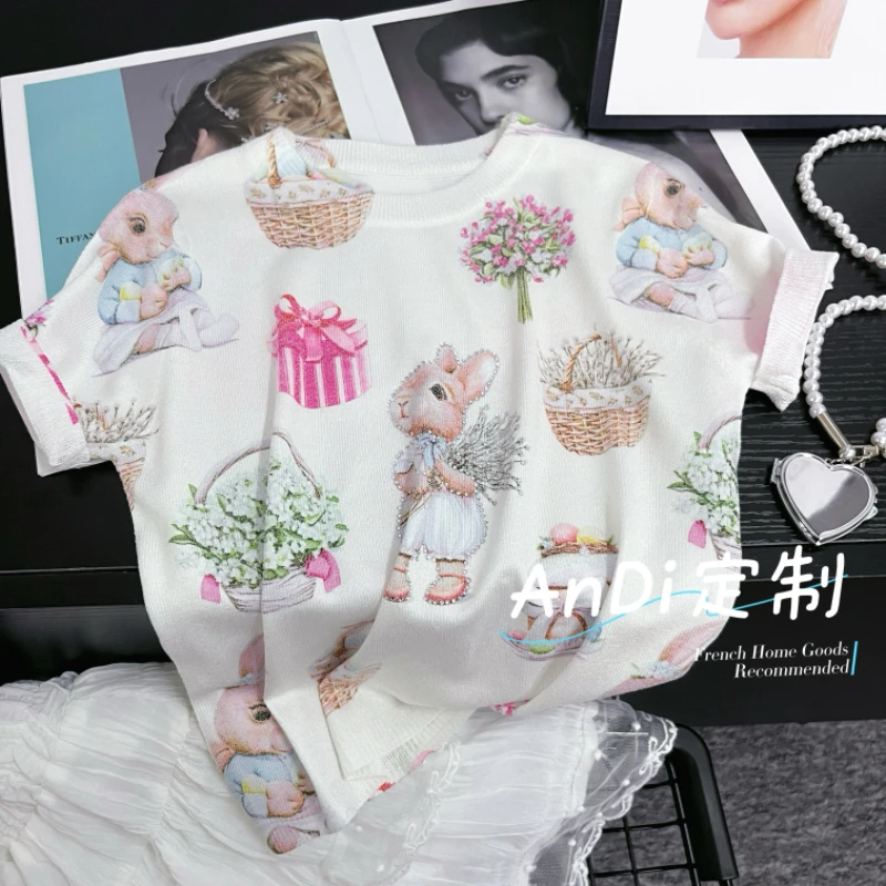 〖ANDI〗安迪订制中大童女童夏季新款卡通兔刺绣圆领短袖T恤4472