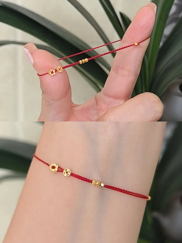 《花开富贵》999足金蹦迪珠  金钱币红绳编织时尚百搭休闲闺蜜绳编