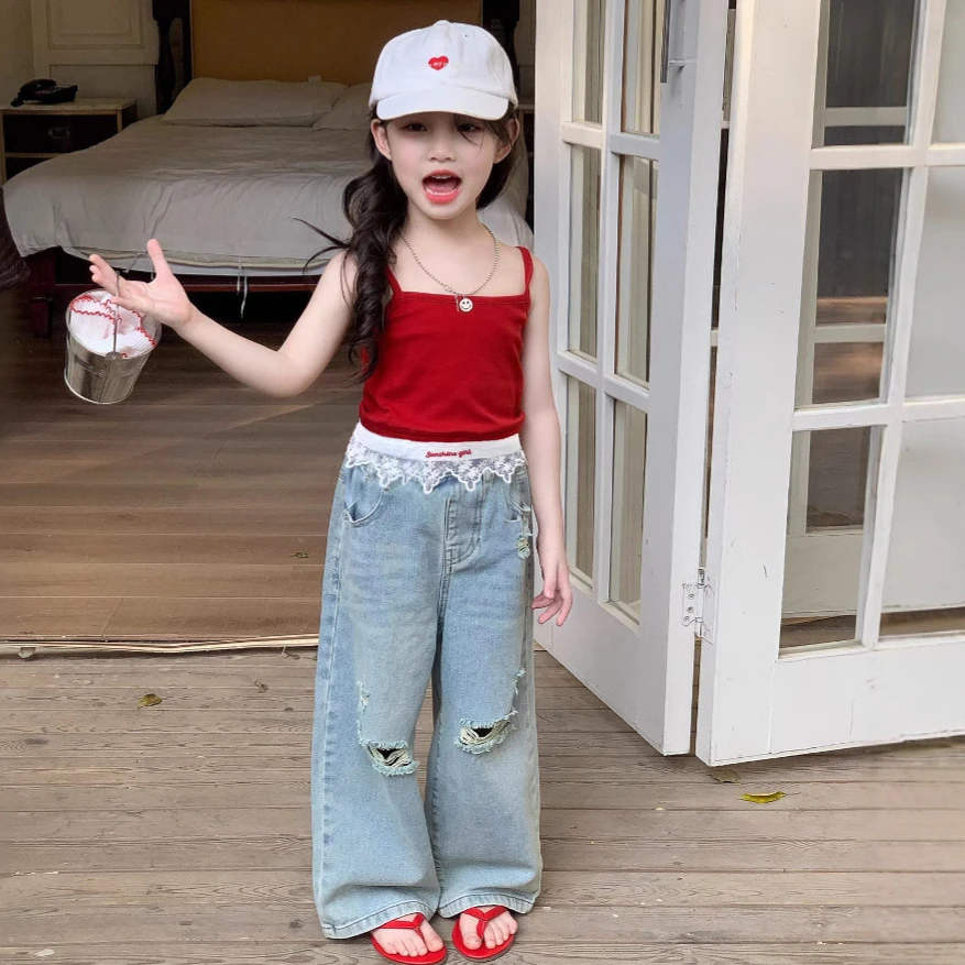 女童夏季蕾丝拼接吊带2025夏季新款韩版洋气甜酷时尚牛仔裤套装