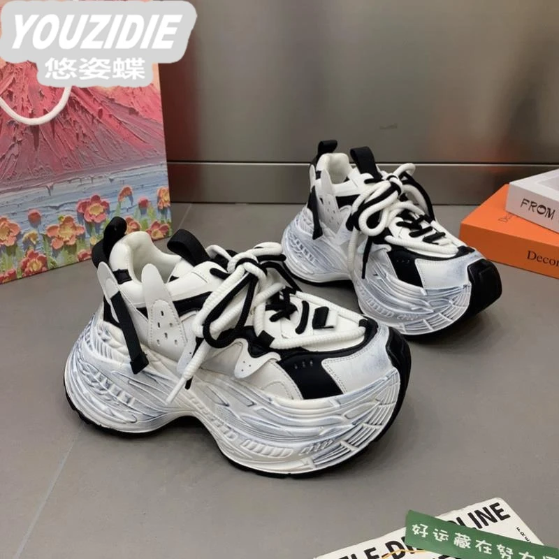 女款系带2025秋季新款擦色老爹鞋厚底松糕鞋休闲运动鞋增高百搭潮