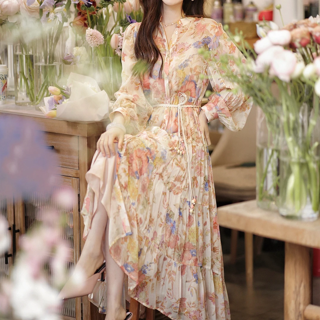 春姑娘-连衣裙2024春新款印花立领连衣裙