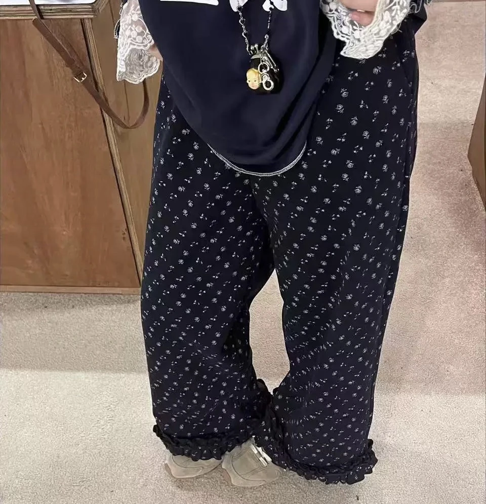 （100分）2025春季碎花波点拼接木耳花边洋气减龄休闲裤显瘦裤C470